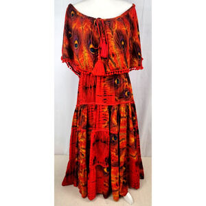 Rose by Paruay Boho Maxi Dress Red Peacock Feather Print Off Shoulder Tassel M/L
